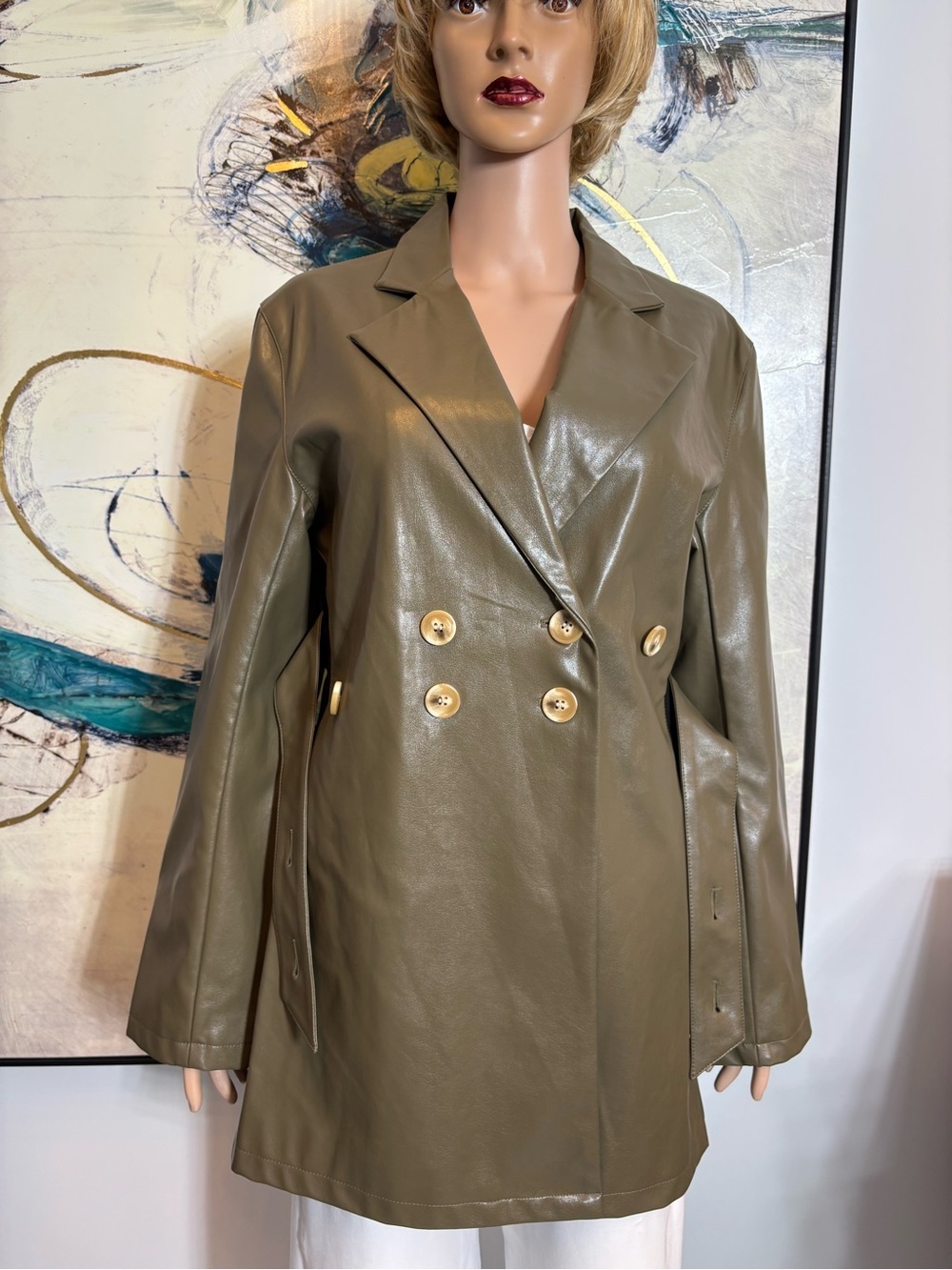 Olive Green Faux Leather Belted Trench Blazer - Picture 7 of 16